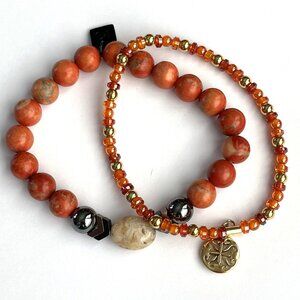 Rustic Cuff Faceted Semiprecious Natural Stones Beaded Stretch Bracelet Set of 2